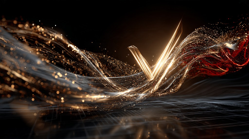 A gold checkmark carried in a stream of light, with a red current running through it